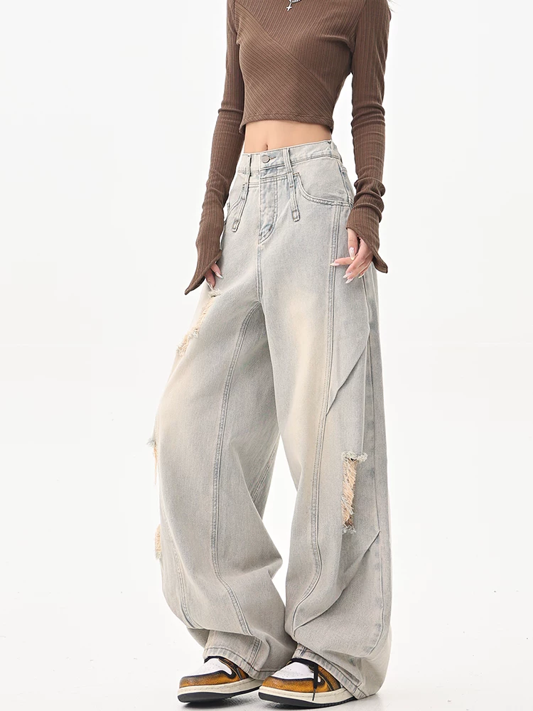 KEN STUDIO Quần jean rách kiểu cổ điển của Mỹ dành cho nữ, quần ống rộng lưng cao kiểu mùa hè mới.