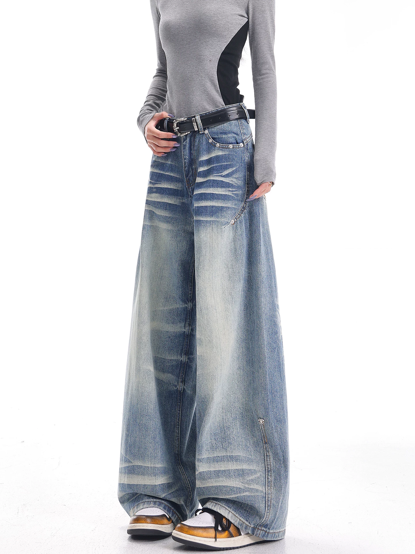 KEN STUDIO quần jean xanh có râu phong cách retro mới mùa thu đông dành cho nữ, quần ống rộng đa năng giảm béo ba chiều