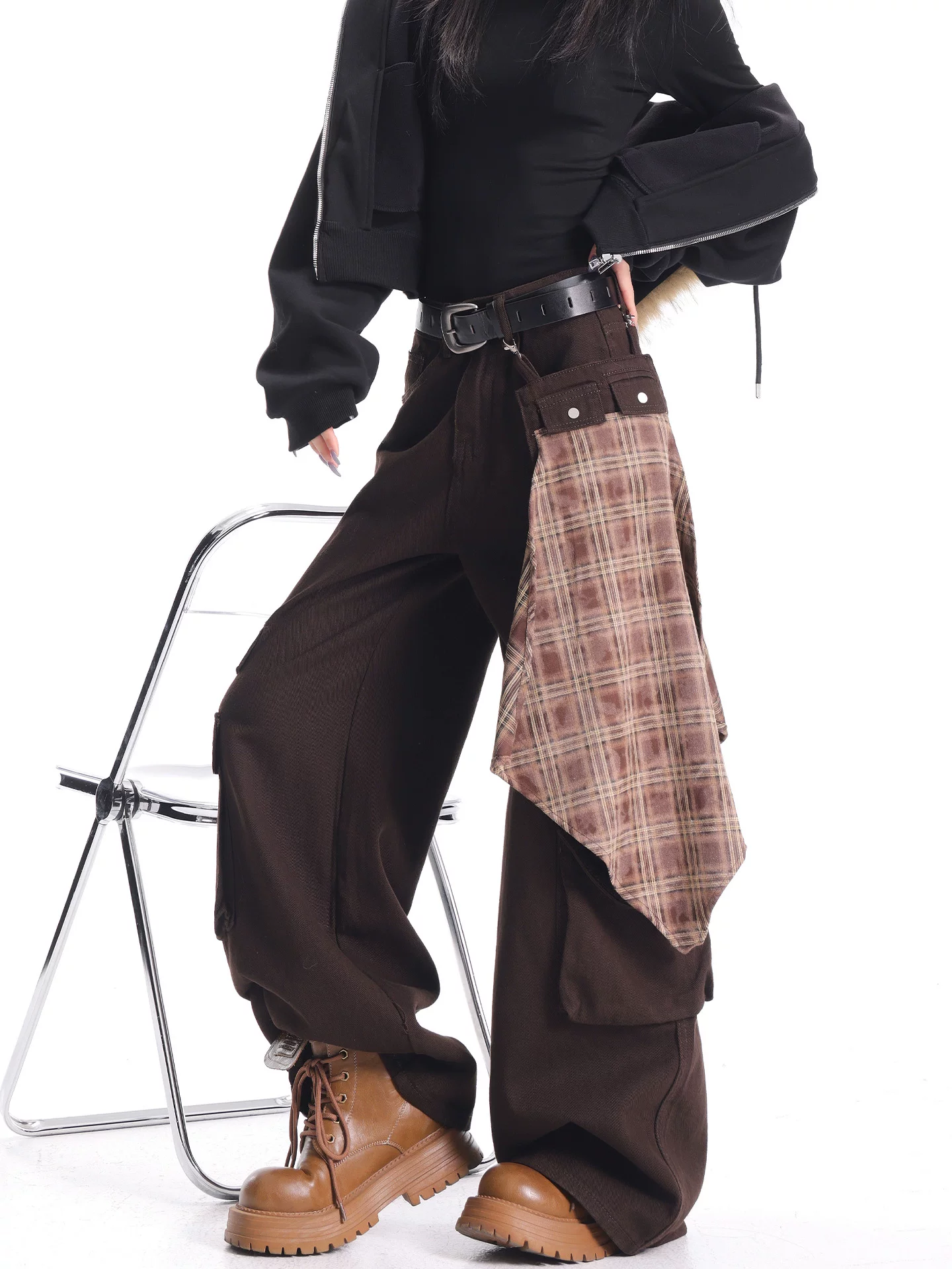 KEN STUDIO quần jean công sở màu cà phê mới thu đông dành cho nữ, quần dài dáng rộng, quần ống rộng, quần dài