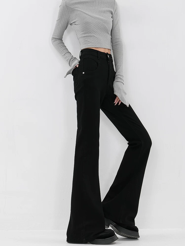 KEN STUDIO2025 mùa thu đông mới kiểu Mỹ cổ điển quần jean đen nữ dáng ôm vừa vặn quần ống loe giảm béo