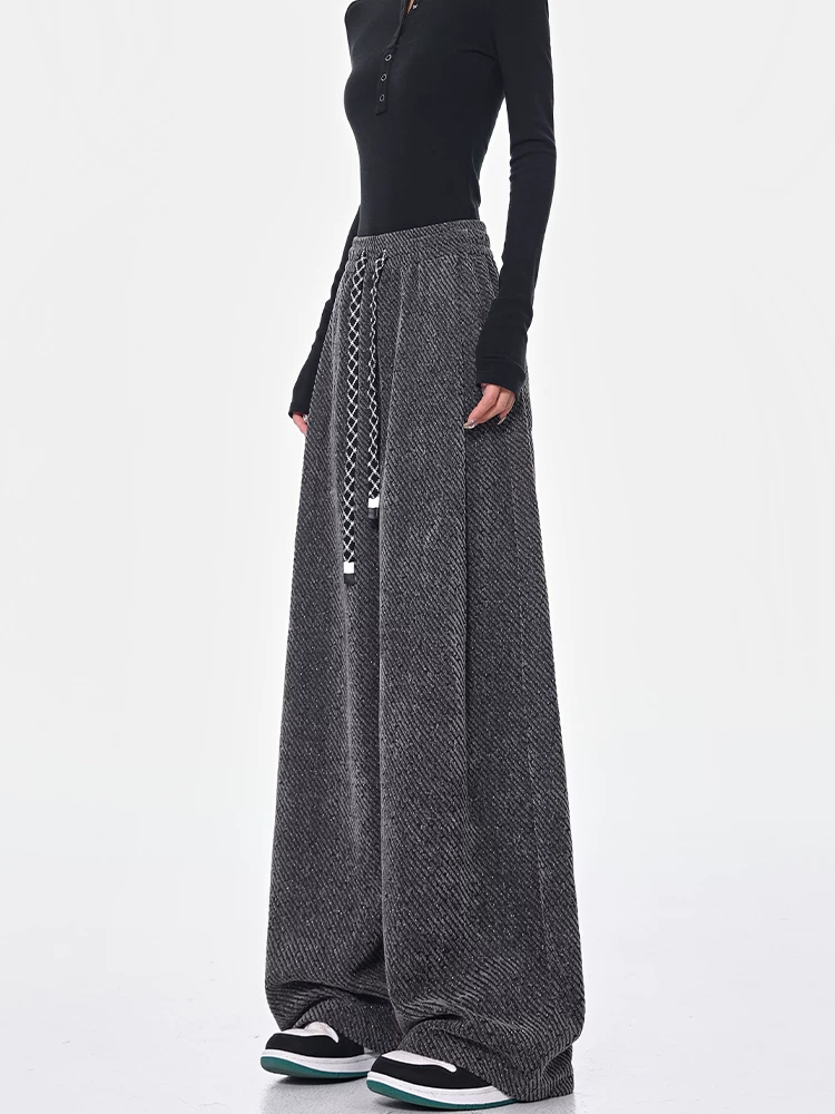 KEN STUDIO quần dài có dây rút lót lông cừu mùa thu đông màu xám bầu trời đầy sao dành cho nữ, quần ống rộng dáng rộng giảm béo