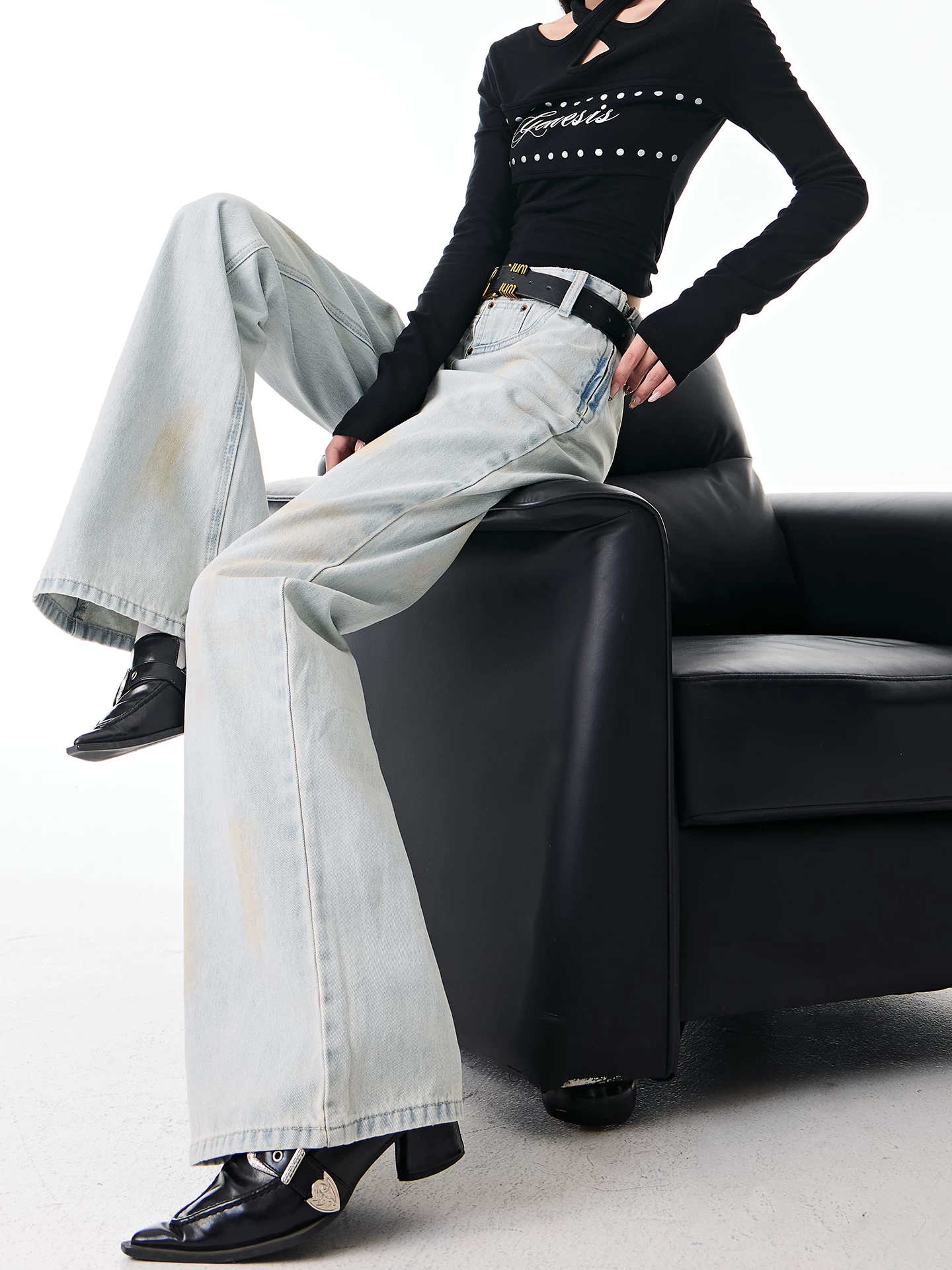 KEN STUDIO Quần jean ống loe màu xanh mùa thu mới dành cho nữ với thiết kế khóa kéo bên hông, quần ống loe dáng rộng