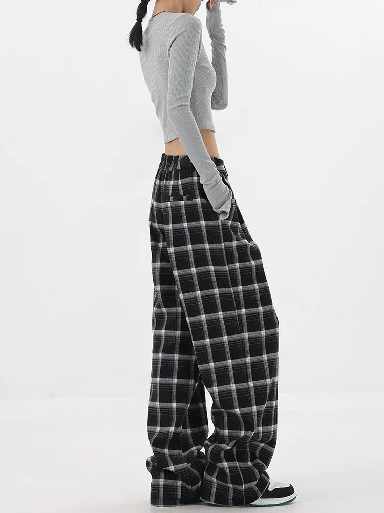 KEN STUDIO quần kẻ sọc cổ điển dày dặn lót lông cừu mùa thu đông dành cho nữ, quần ống đứng dáng rộng ấm áp, giản dị