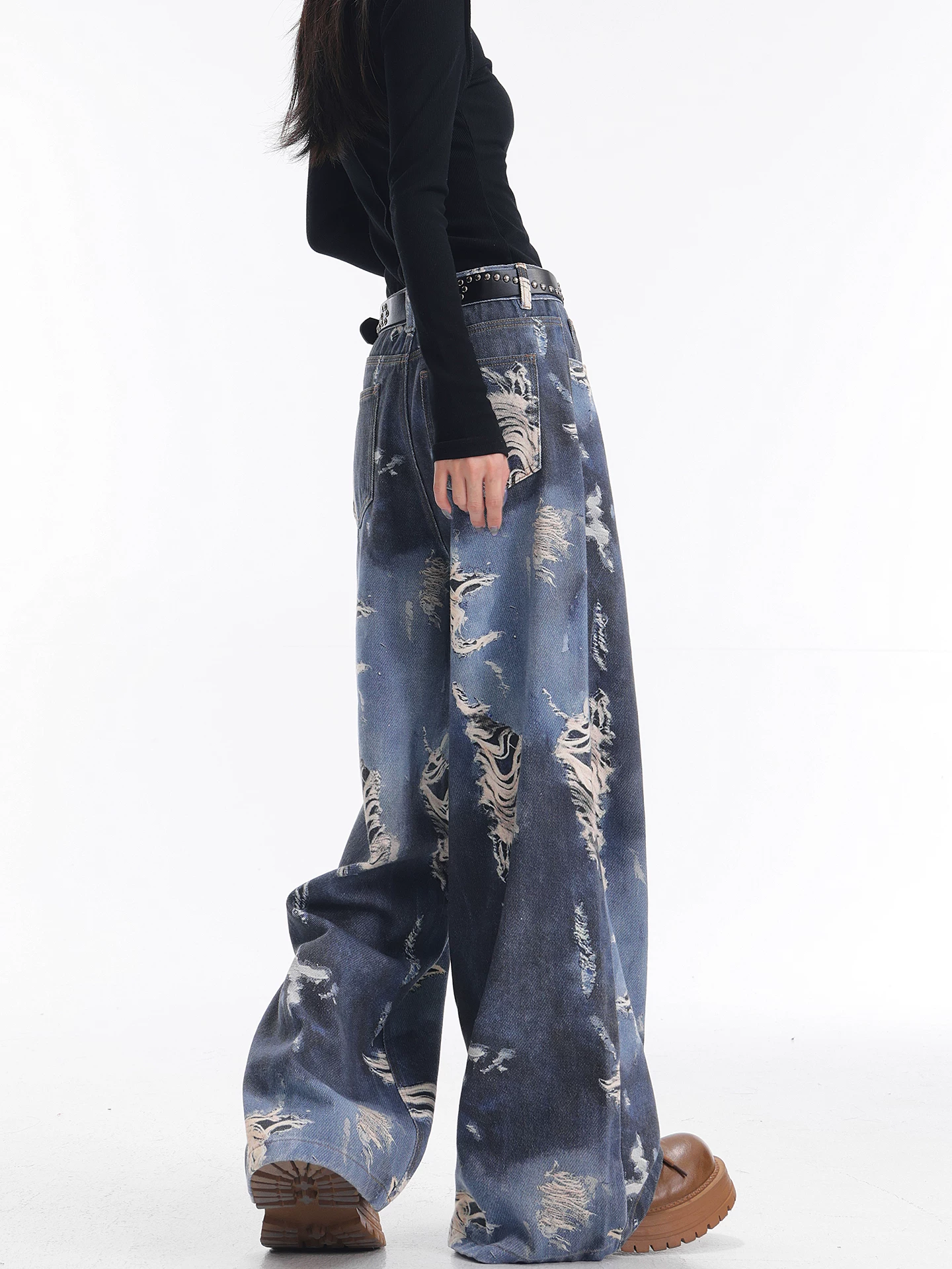 KEN STUDIO quần jean ống rộng nhuộm màu theo phong cách cổ điển Mỹ mới dành cho nữ, quần dài dáng rộng và tôn dáng