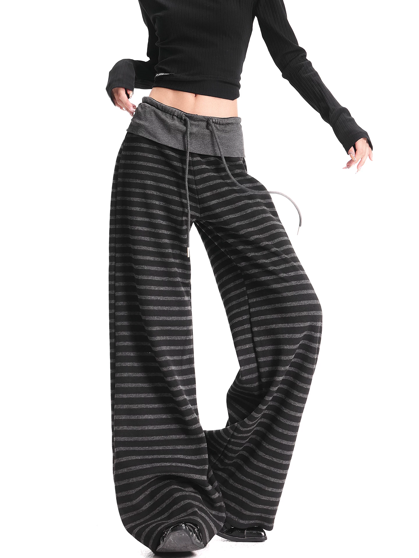 KEN STUDIO quần dài sọc kẻ sọc màu đen lót lông cừu mùa thu đông mới quần ống rộng đa năng quần dài đến sàn