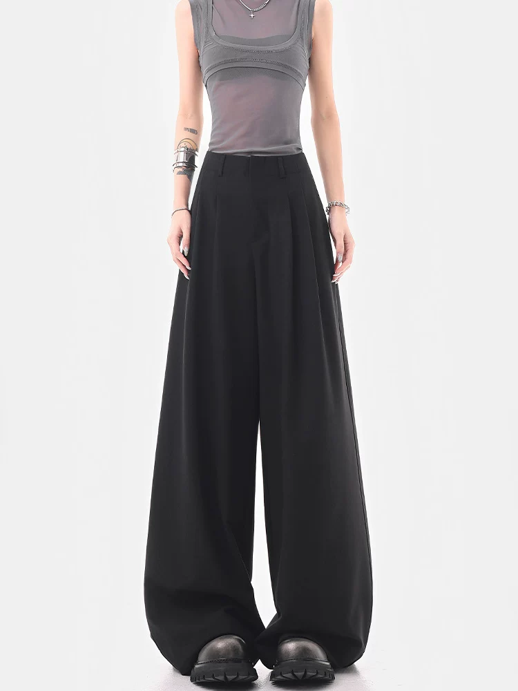 KEN STUDIO Quần âu ống rộng đa năng mùa hè mới dành cho nữ, quần dài xếp ly dáng rộng, quần dài dáng rộng, quần âu