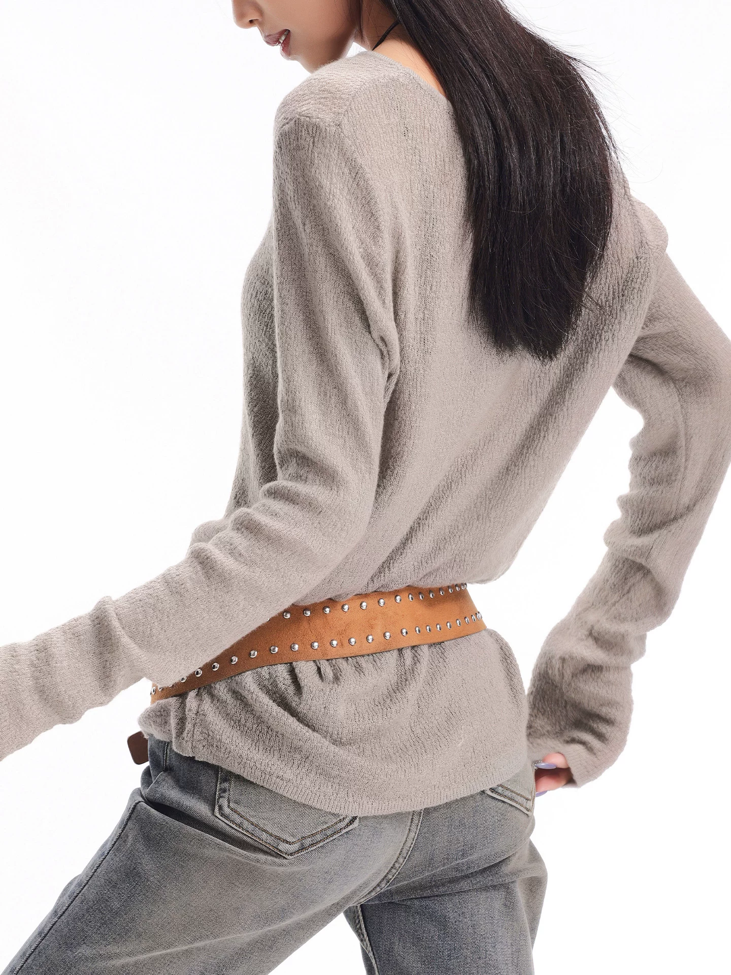 KEN STUDIO mới mùa thu đông áo thun dệt kim dài tay cổ tròn hơi xuyên thấu Áo thun nữ dáng rộng dáng rộng dài tay