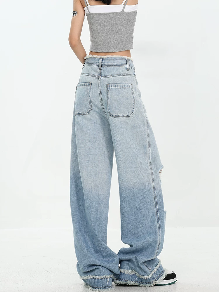 Quần jean rách màu xanh mùa hè của KEN STUDIO dành cho nữ với thiết kế viền xù và quần dài xếp nếp