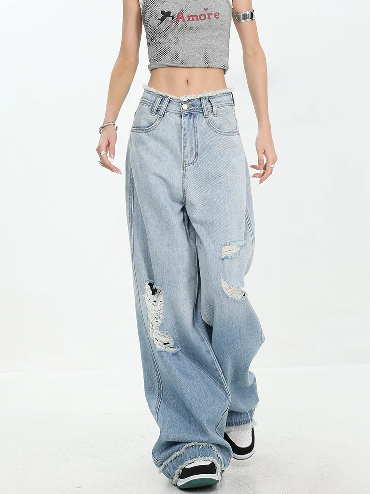 Quần jean rách màu xanh mùa hè của KEN STUDIO dành cho nữ với thiết kế viền xù và quần dài xếp nếp