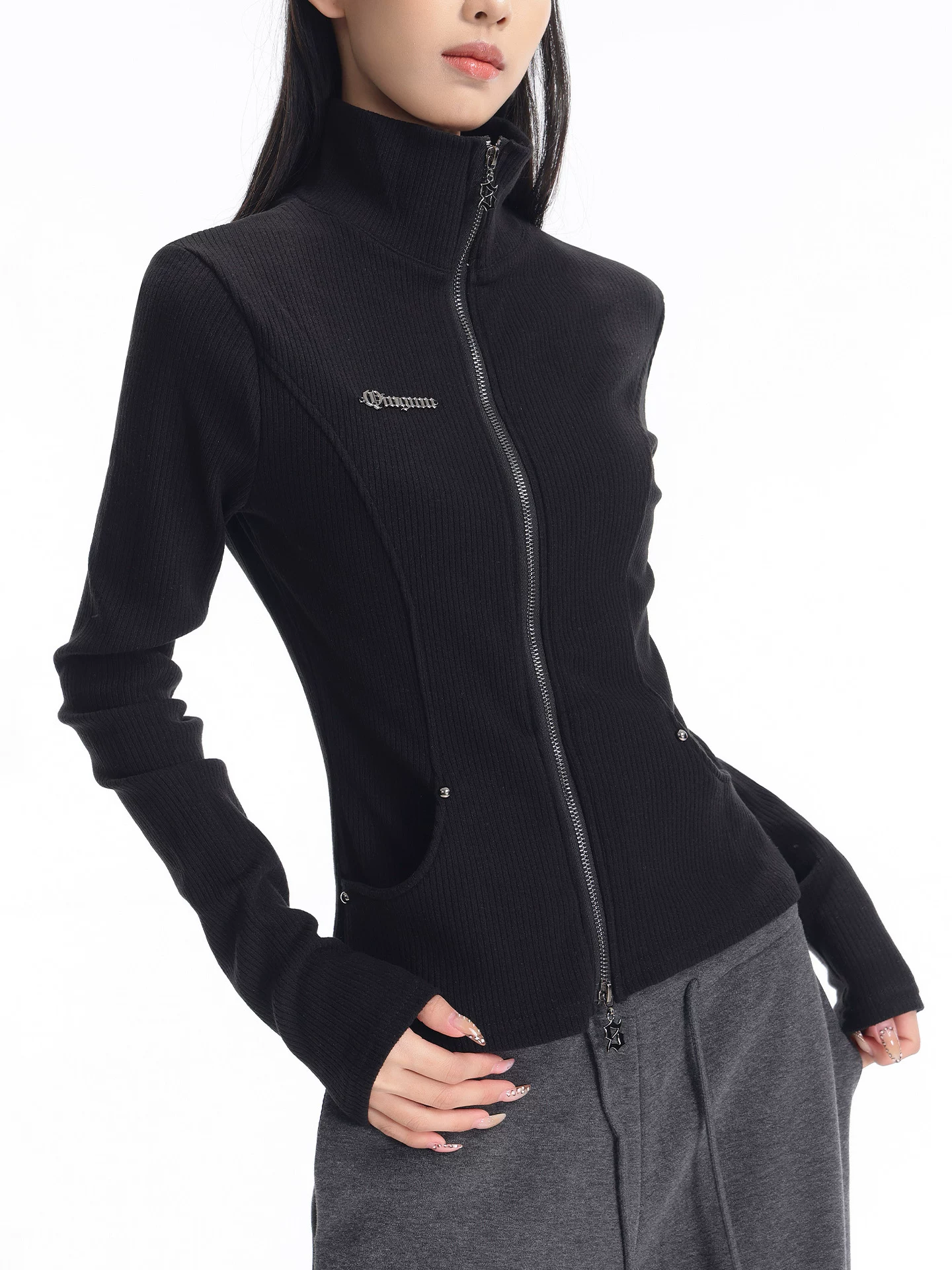 KEN STUDIO mùa thu đông mới phong cách Mỹ áo khoác cardigan dệt kim màu đen dành cho nữ dáng ôm vừa vặn áo dài tay sọc