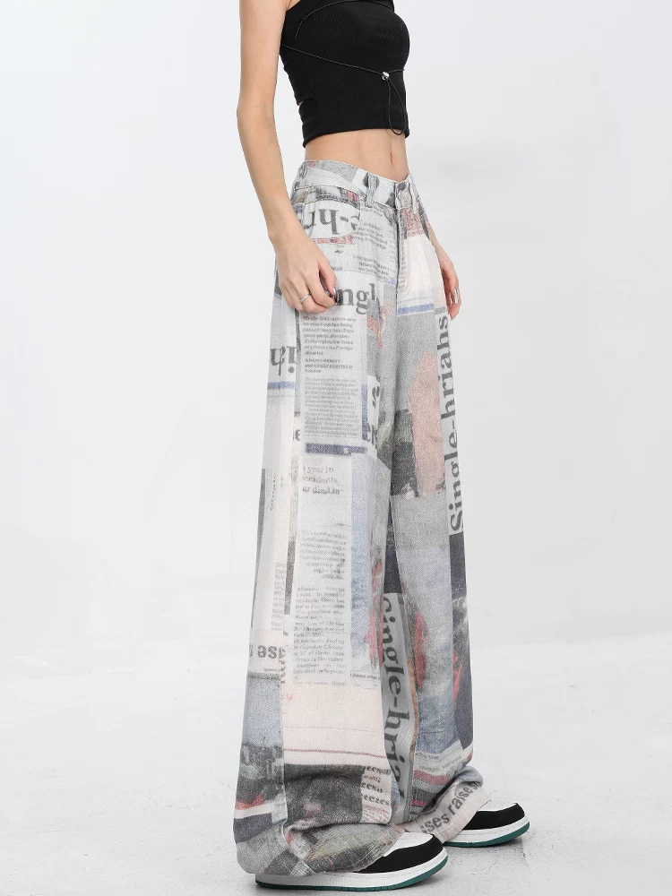 KEN STUDIO nguyên bản mùa xuân thu phong cách mới kiểu Mỹ cổ điển in báo thiết kế quần jean ống rộng dài đến sàn