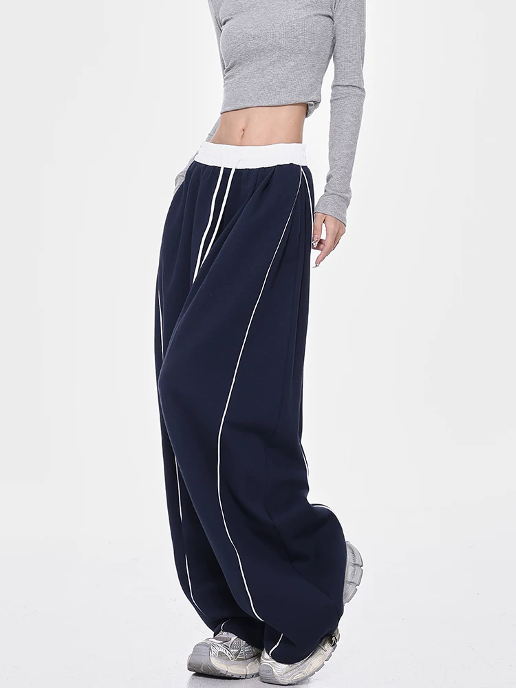 Quần thể thao dây rút màu xanh mùa thu đông của KEN STUDIO dành cho nữ, dáng rộng, tôn dáng, quần ống rộng dài đến sàn đa năng