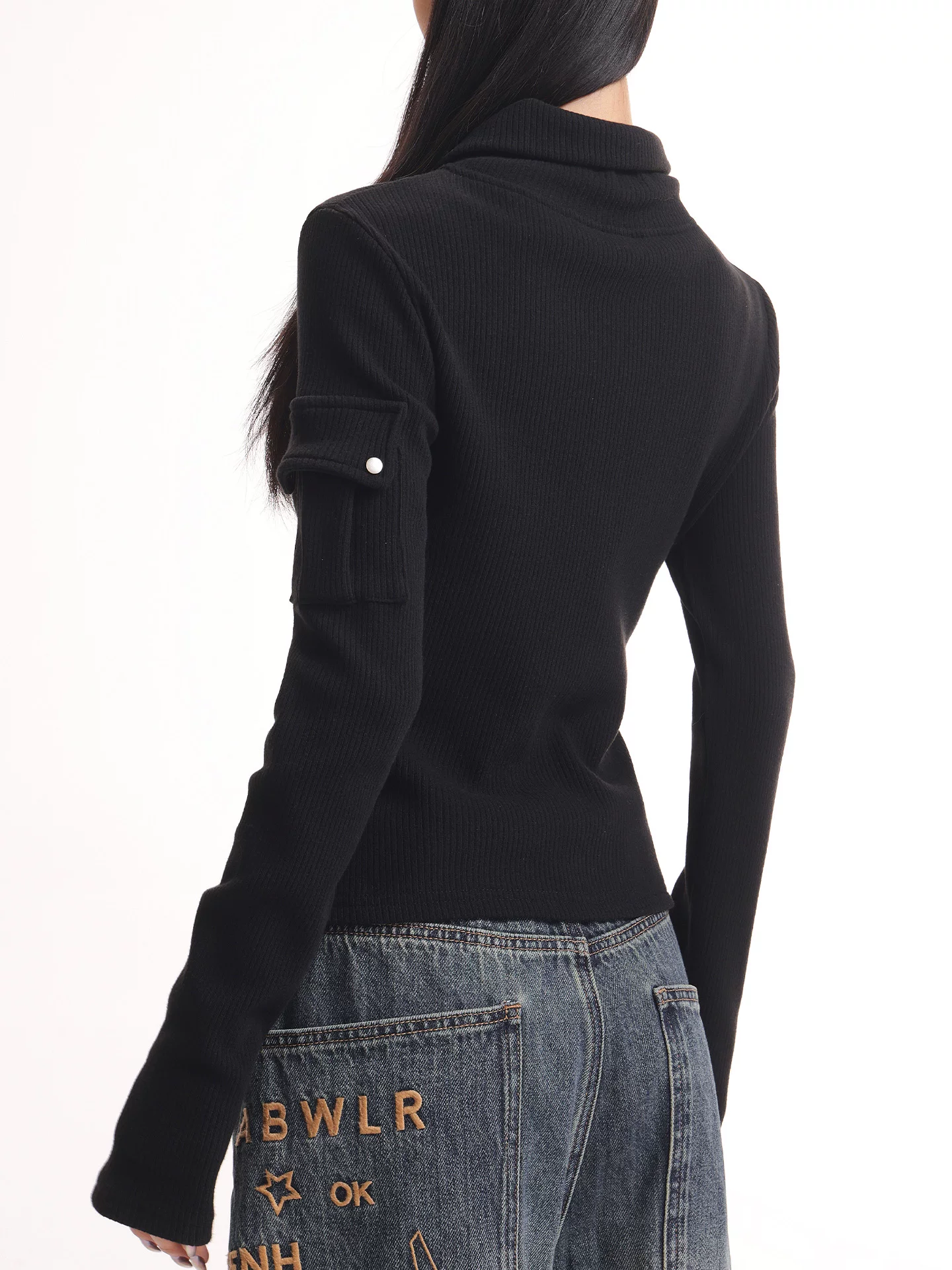 KEN STUDIO mới mùa thu đông màu đen dệt kim nữ có khóa kéo đôi có ve áo dáng ôm vừa vặn áo cardigan dài tay