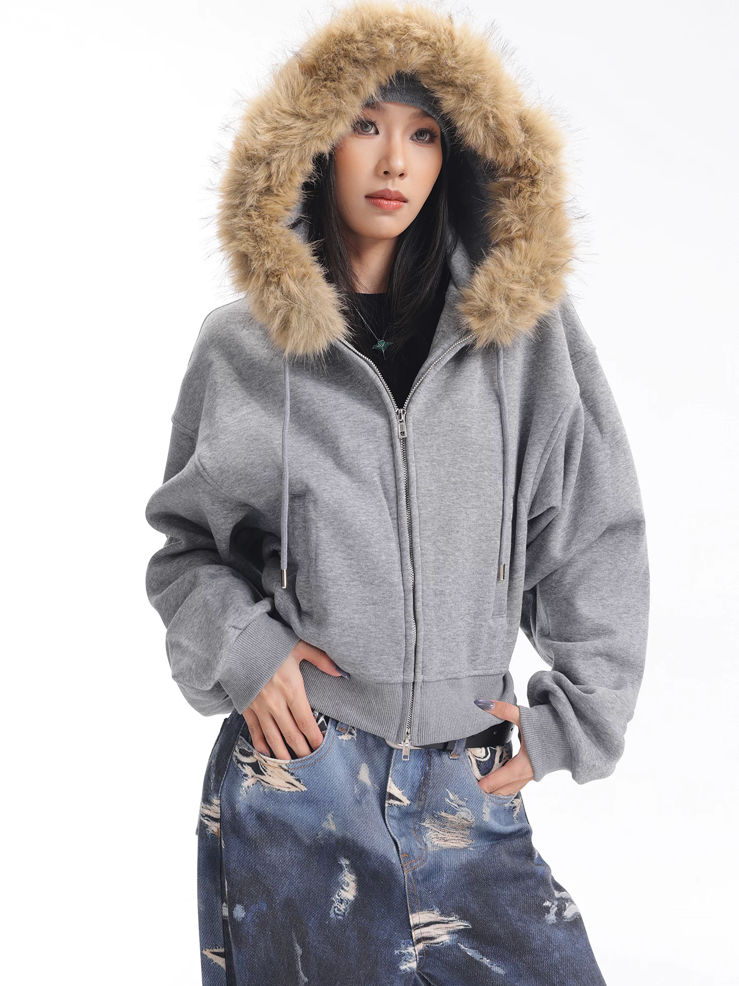 KEN STUDIO Áo khoác có mũ trùm đầu màu xám có cổ lông mùa thu đông mới dành cho nữ, áo nỉ dài tay dày vừa vặn, áo ngắn
