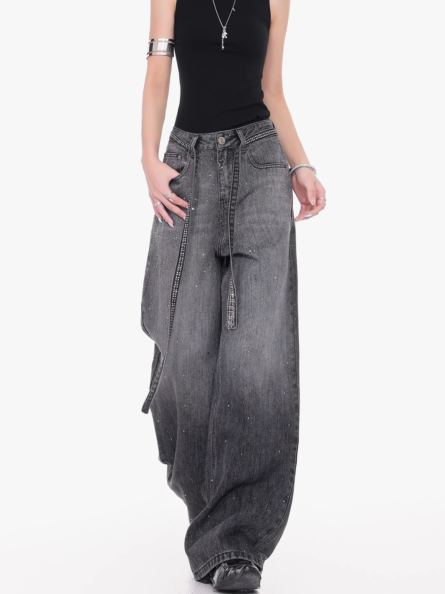 KEN STUDIO Quần jean đính đá đen phong cách đường phố cao cấp của Mỹ dành cho nữ, quần dài dáng rộng dáng rộng mới mùa hè giúp giảm béo