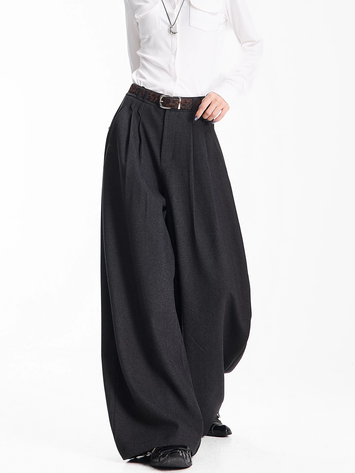 KEN STUDIO Quần âu ống rộng màu xám đậm mới thu đông dành cho nữ, quần ống rộng dáng thẳng, dáng rộng, dài đến sàn