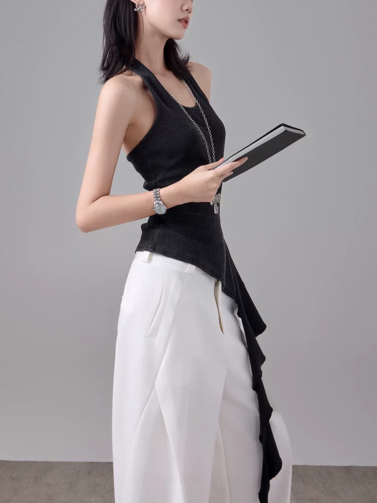 Áo camisole nữ mùa hè kiểu dáng ôm sát, chất liệu len đan, thiết kế dây halter, lưng trần, phối nơ, thương hiệu KEN STUDIO