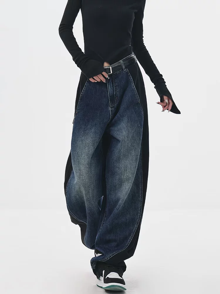 KEN STUDIO quần jean phối màu chắp vá mùa thu đông mới dành cho nữ, quần ống rộng dáng rộng sành điệu, quần chuối