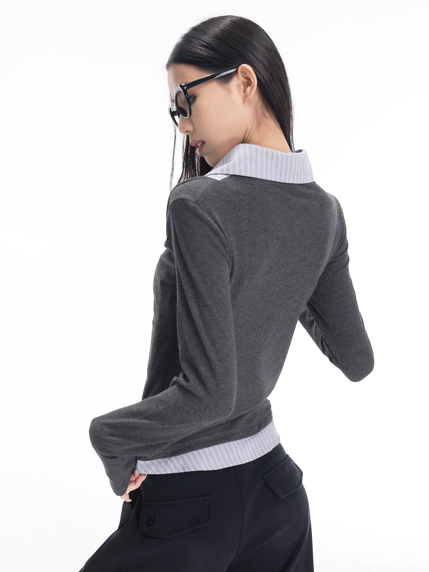 KEN STDUIO Thu Đông Mới Phong Cách Hàn Quốc Giả Hai Mảnh Áo Sơ Mi Áo Thun Nữ Lớp Trang Phục Giảm Béo Cổ Áo Xoay Top