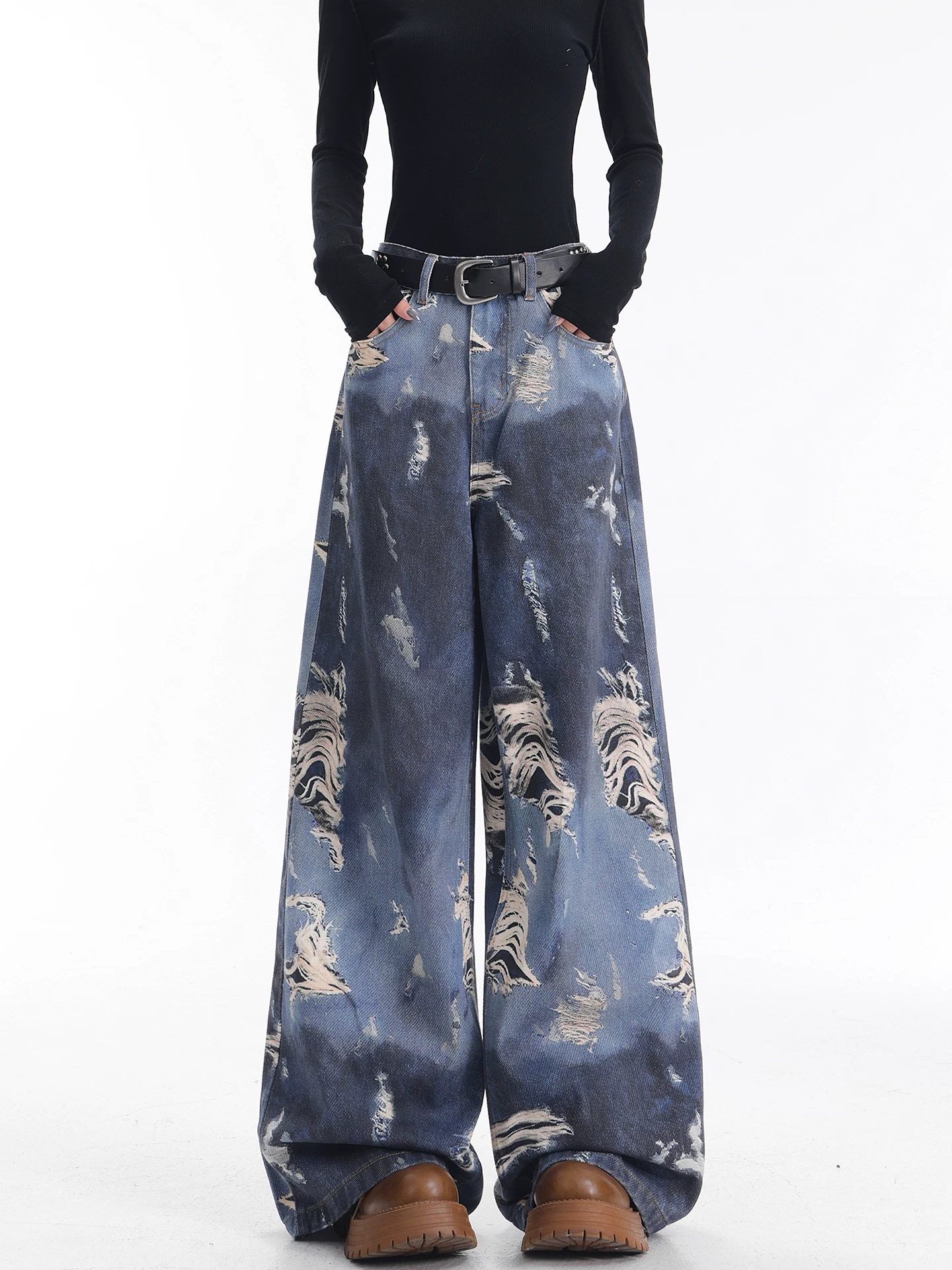 KEN STUDIO quần jean ống rộng nhuộm màu theo phong cách cổ điển Mỹ mới dành cho nữ, quần dài dáng rộng và tôn dáng