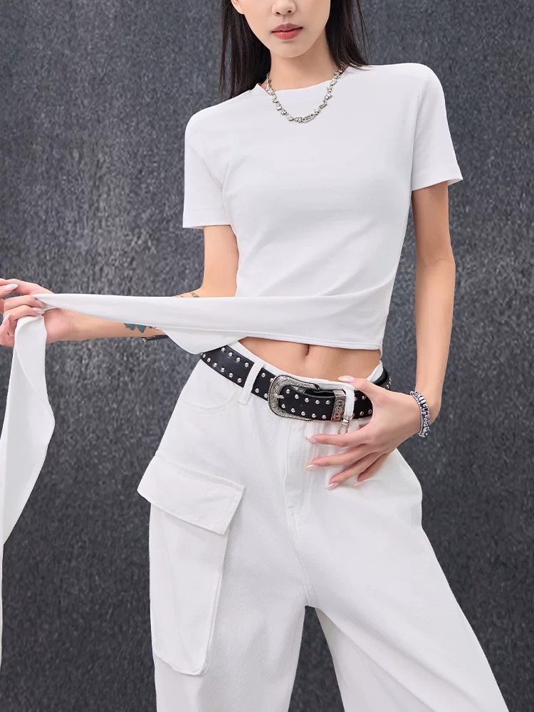 KEN STUDIO áo thun trắng cổ tròn tay ngắn thiết kế mùa hè độc đáo áo dáng rộng bất đối xứng giúp thon gọn