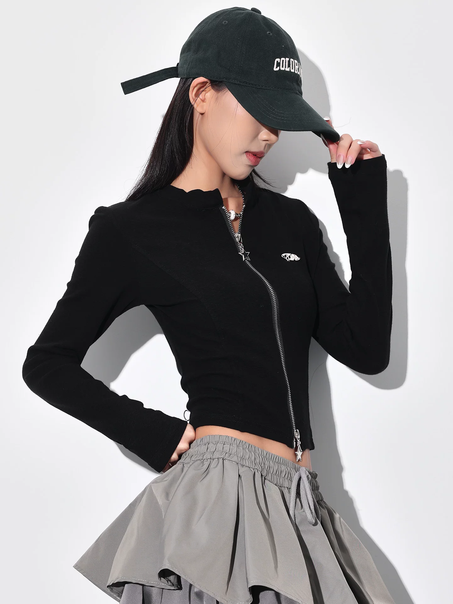 KEN STUDIO Áo thun dài tay cổ tròn có khóa kéo đôi mùa thu mới dành cho nữ, áo cardigan thiết kế dáng ôm vừa vặn thông thường