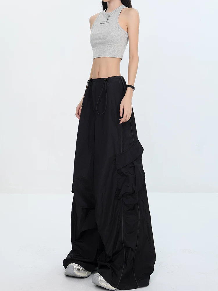 KEN STUDIO phong cách mới mùa hè phong cách đường phố Mỹ màu đen xếp ly dây rút thiết kế eo co giãn quần ống đứng