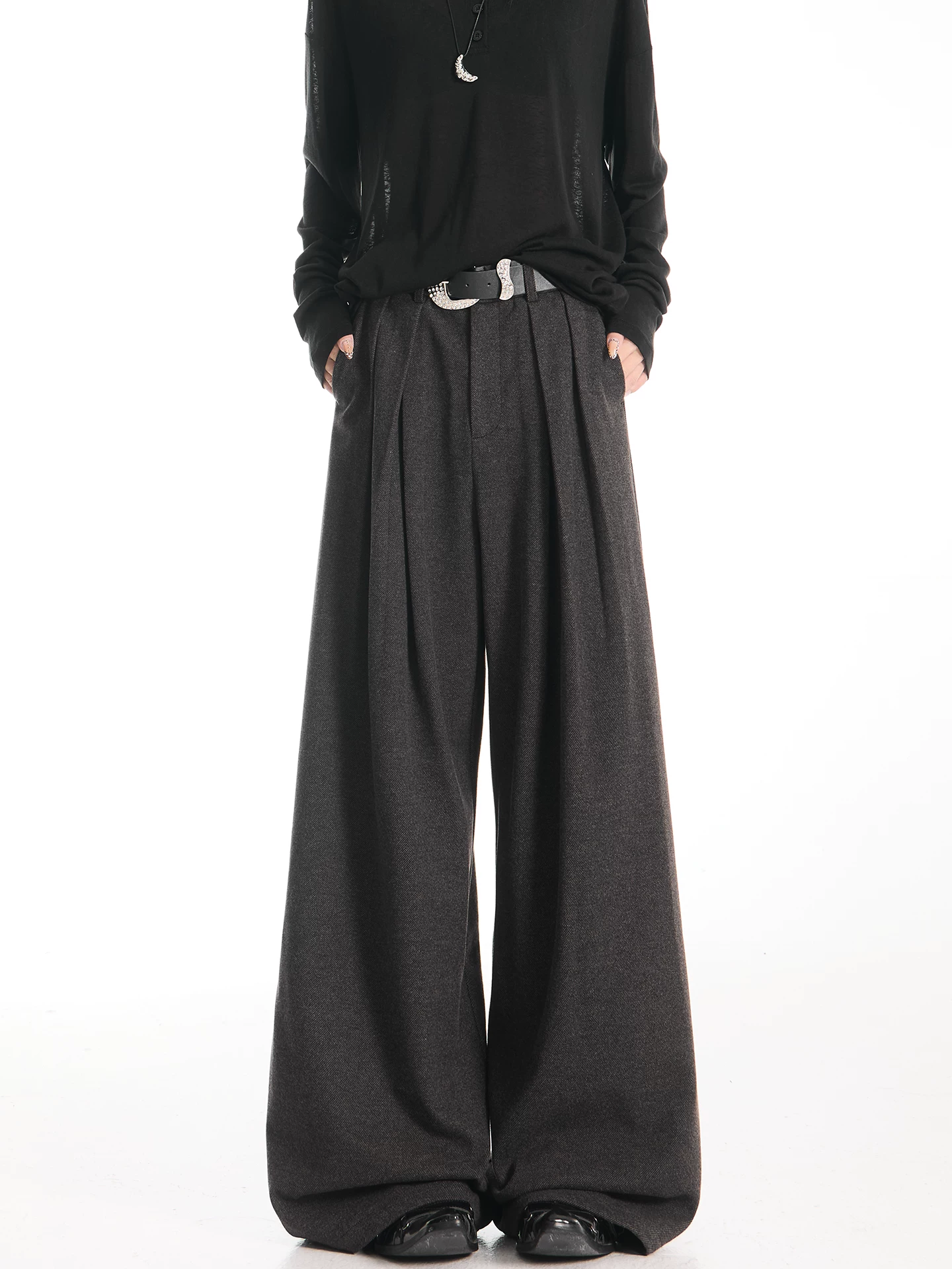 KEN STUDIO Quần tây ống rộng màu xám thu đông mới dành cho nữ, cạp cao, dáng suôn, dáng rộng, dáng suôn, quần dài đến sàn