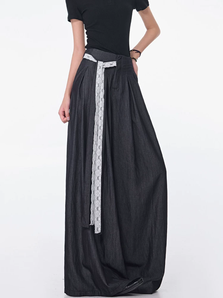 KEN STUDIO quần dài cạp cao buộc dây chéo mới mùa xuân hè dành cho nữ, quần ống rộng dài đến sàn rộng rãi và đa năng