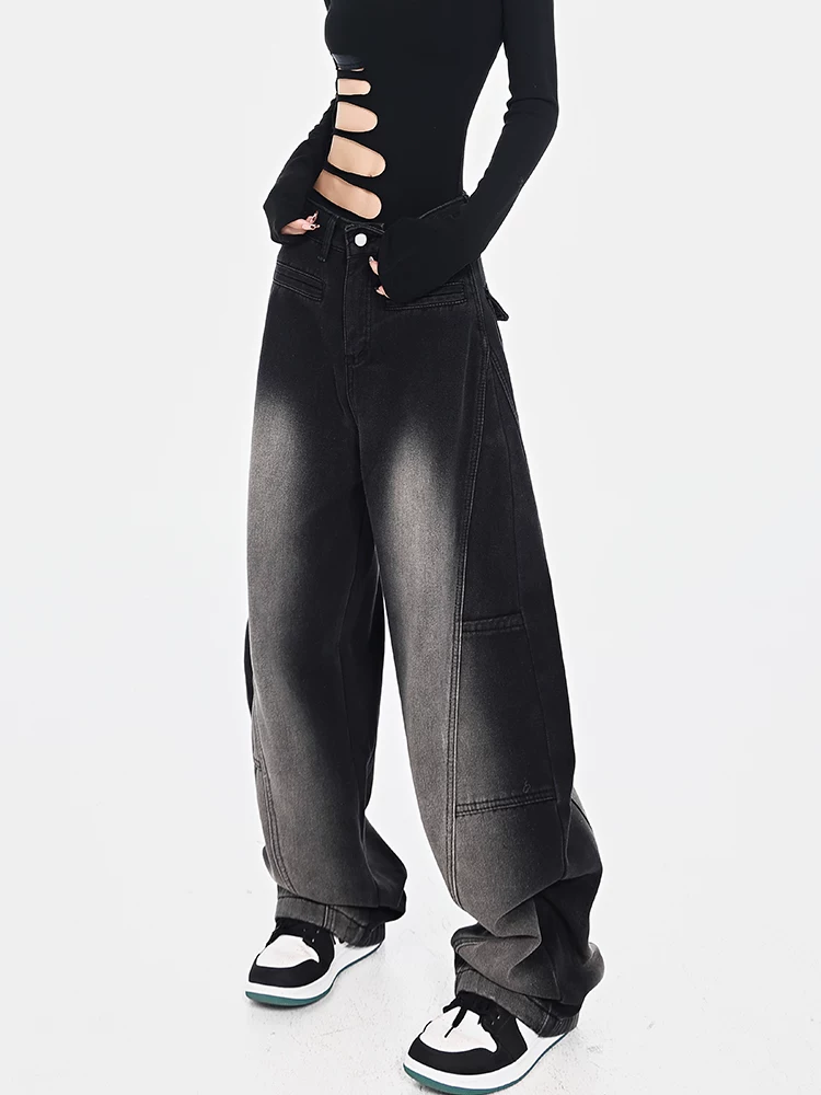 Quần jean kiểu cổ điển KEN STUDIO dành cho nữ, quần ống rộng dáng rộng lót lông cừu mùa thu đông, quần hình liềm, quần dài đến sàn