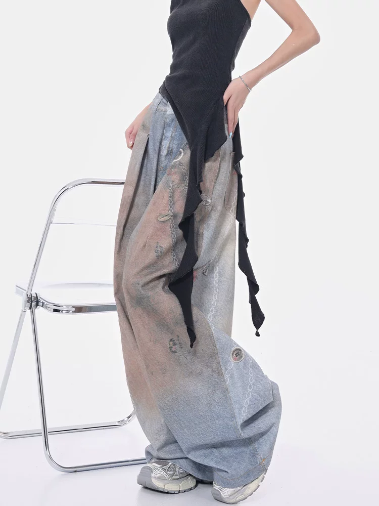 Quần jeans xếp ly nhuộm màu retro kiểu KEN STUDIO, quần ống rộng dáng sickle, quần harem nữ phong cách đường phố