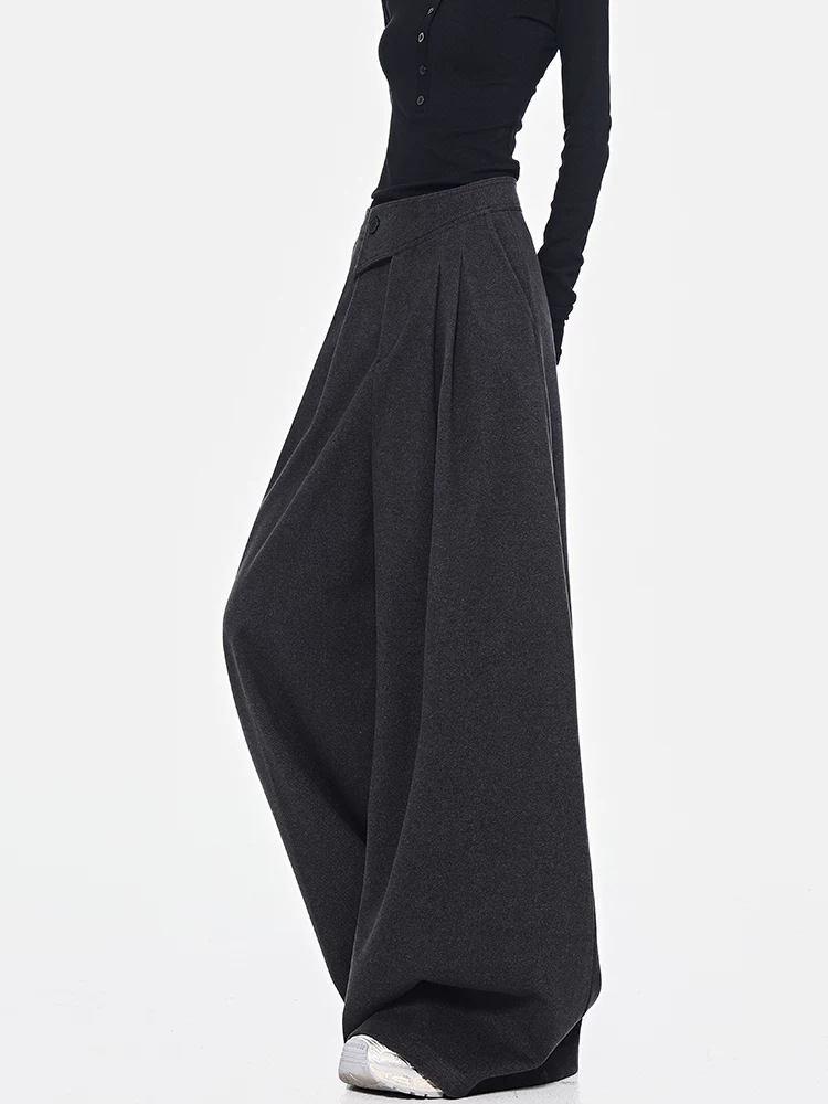 KEN STUDIO Quần dài ống rộng màu xám thu đông mới dành cho nữ, quần dài dáng rộng đa năng lưng cao