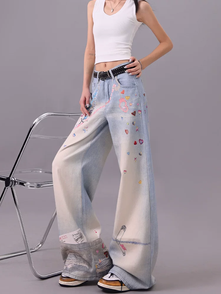 Quần jean ống đứng in họa tiết graffiti đầy màu sắc của KEN STUDIO dành cho nữ, phong cách mùa hè mới, dáng rộng, tôn dáng, quần dài ngang sàn.