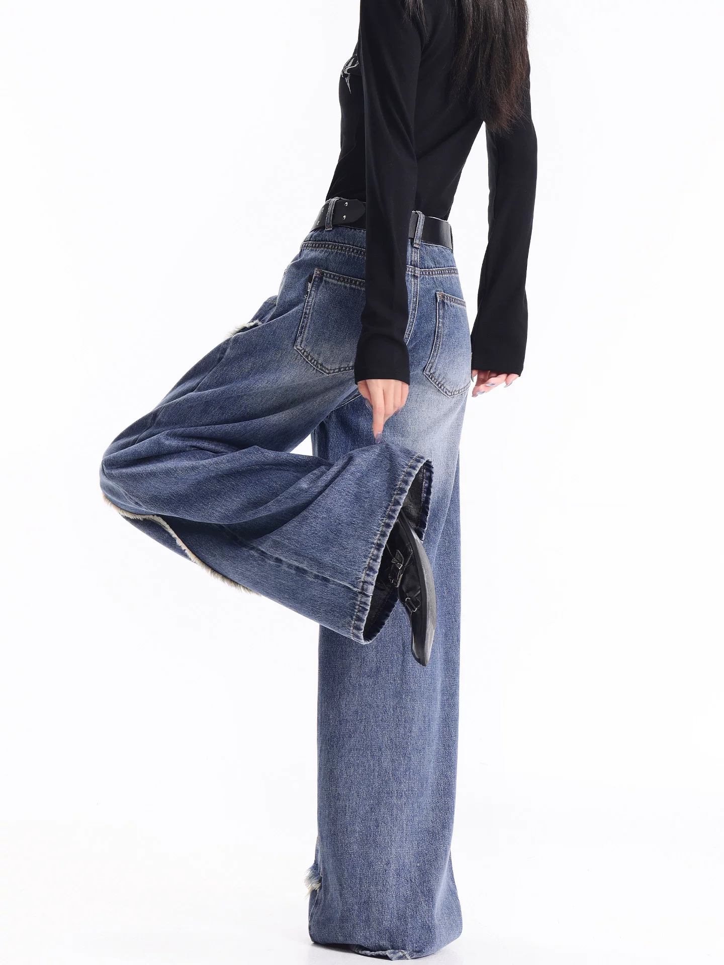 KEN STUDIO quần jean chắp vá viền tua rua cổ điển mới mùa thu đông dành cho nữ, quần cạp cao, dáng rộng, dáng suông, quần ống rộng, dài đến sàn