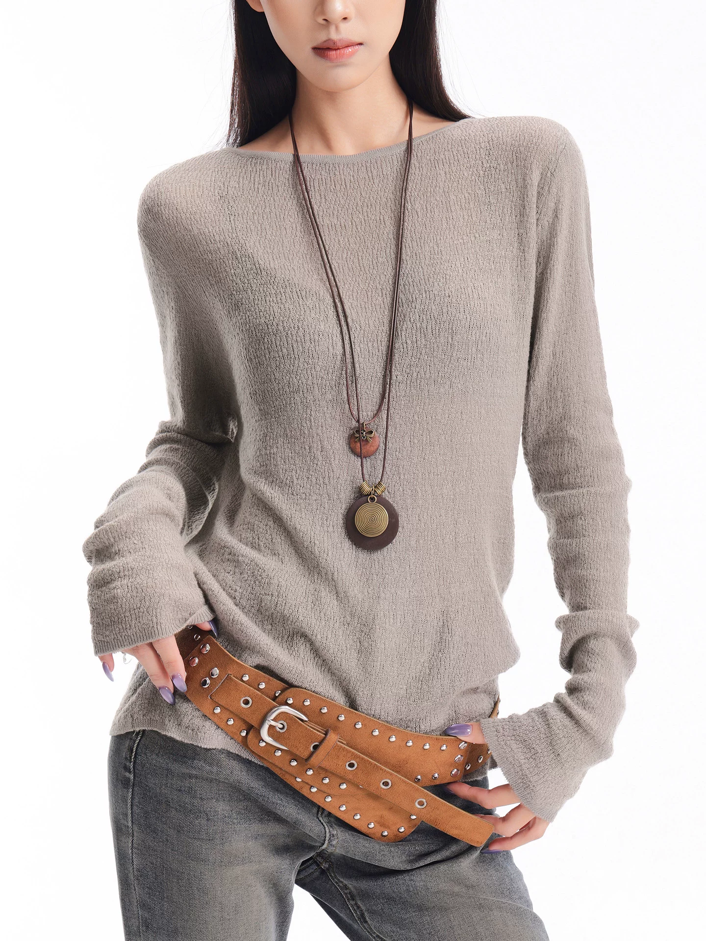 KEN STUDIO mới mùa thu đông áo thun dệt kim dài tay cổ tròn hơi xuyên thấu Áo thun nữ dáng rộng dáng rộng dài tay