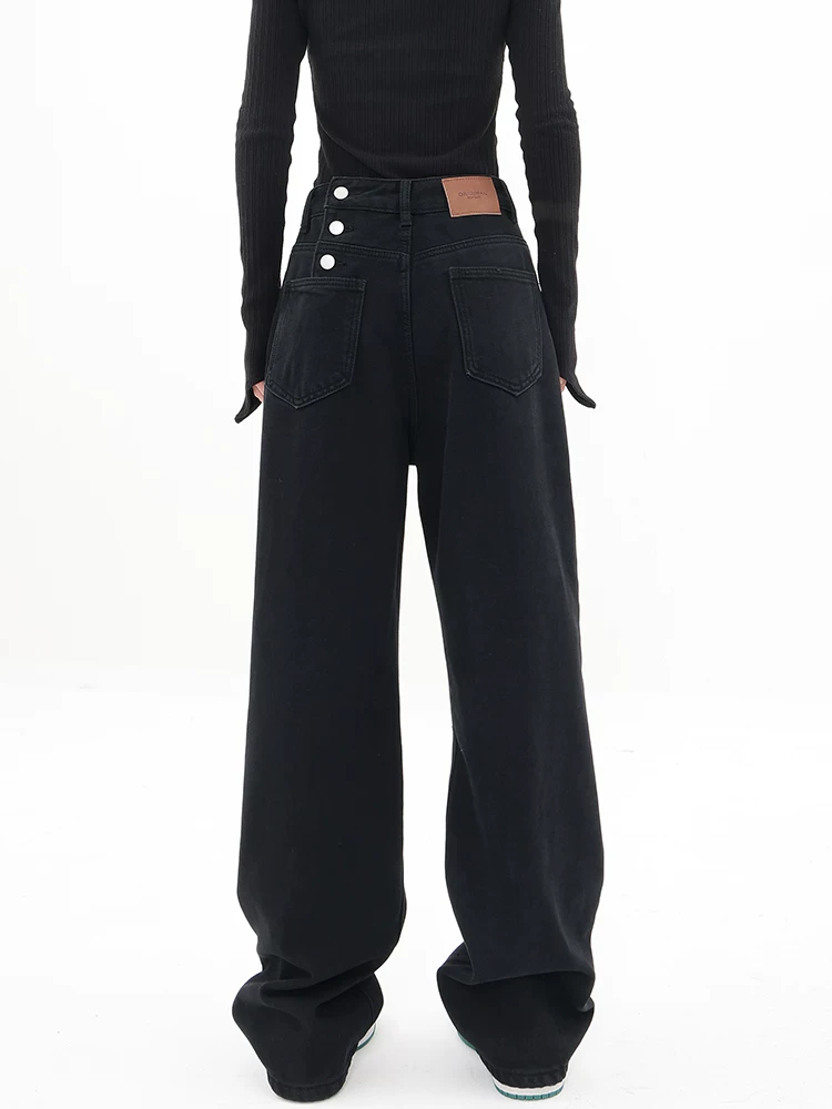 Quần jean đen ống đứng lót lông cừu thu đông KEN STUDIO2025 dành cho nữ, quần cạp cao thời trang, quần xu hướng