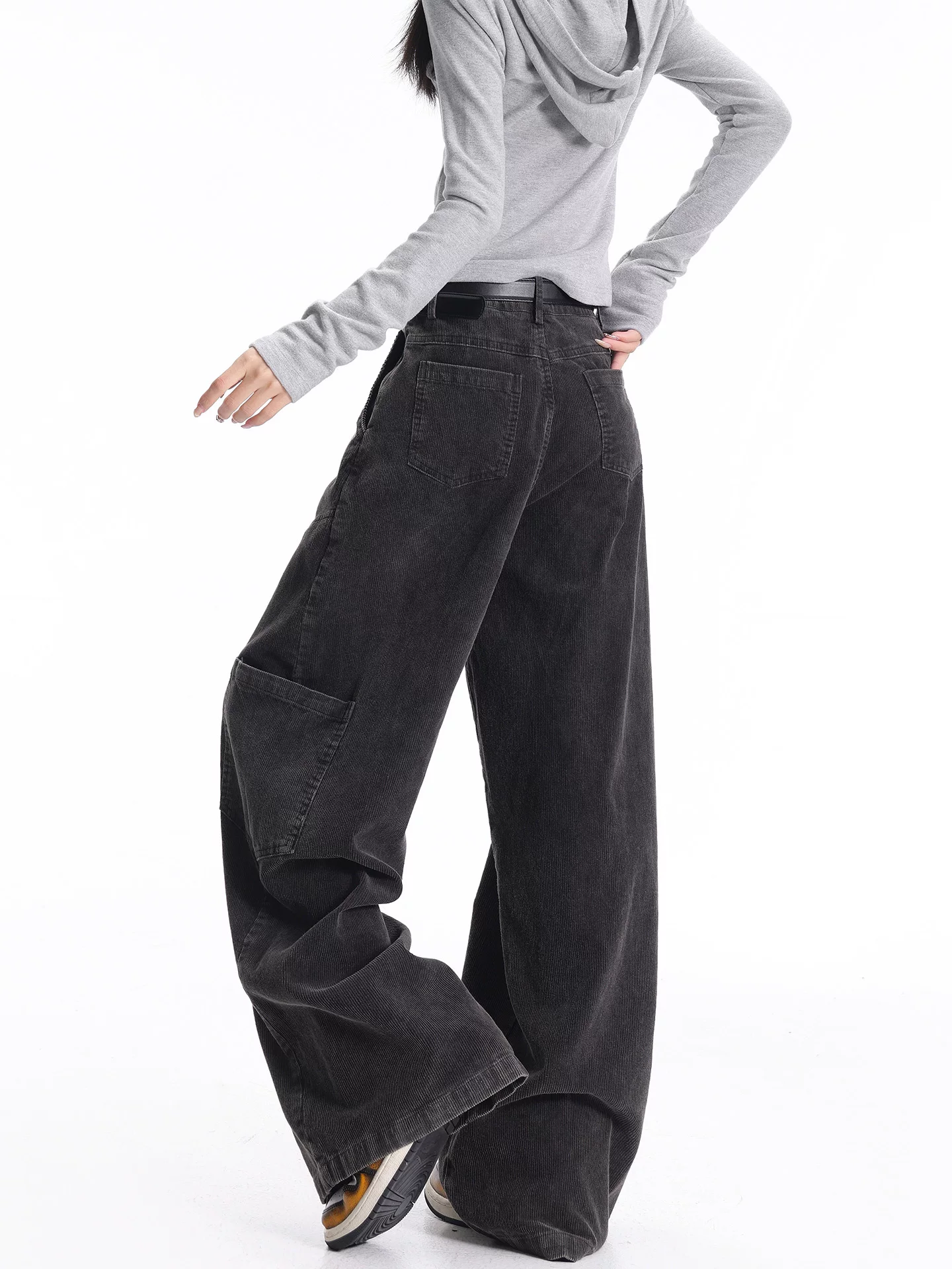 KEN STUDIO mùa thu đông mới kiểu dáng cổ điển quần áo bảo hộ lao động quần jean nữ lưng cao dáng rộng quần nhung kẻ kiểu scimitar