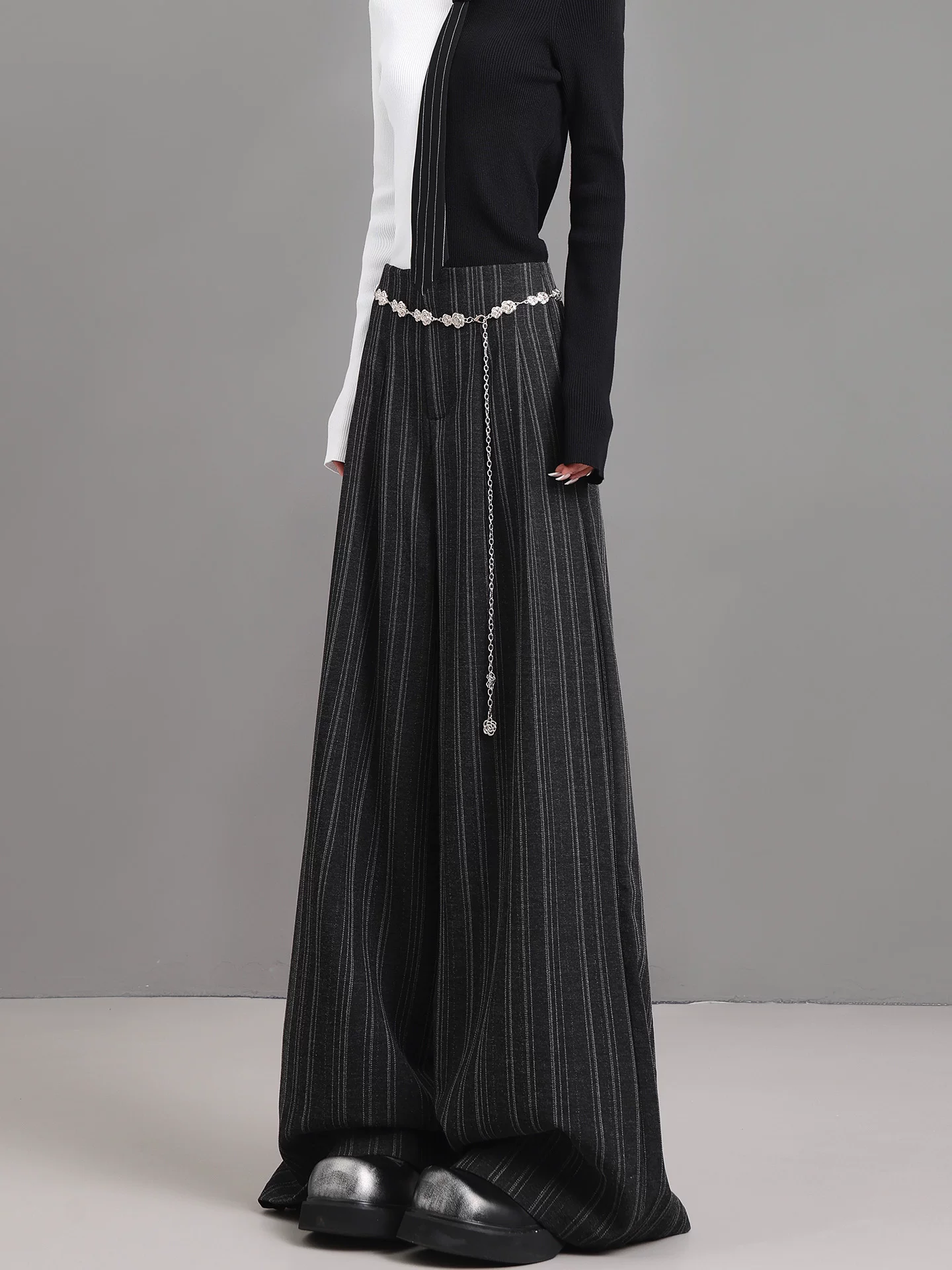 KEN STUDIO Xuân Thu Mới Quần Sọc Xám Nữ Cao Cấp Rời Drap Giảm Béo Quần Ống Rộng