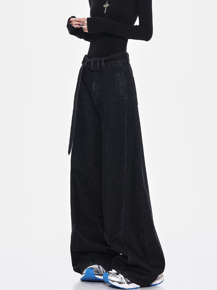 Quần jean đen lót lông cừu thu đông của KEN STUDIO dành cho nữ, cạp cao, kiểu cổ điển, dáng rộng, dáng suông, quần ống rộng, quần dài đến sàn