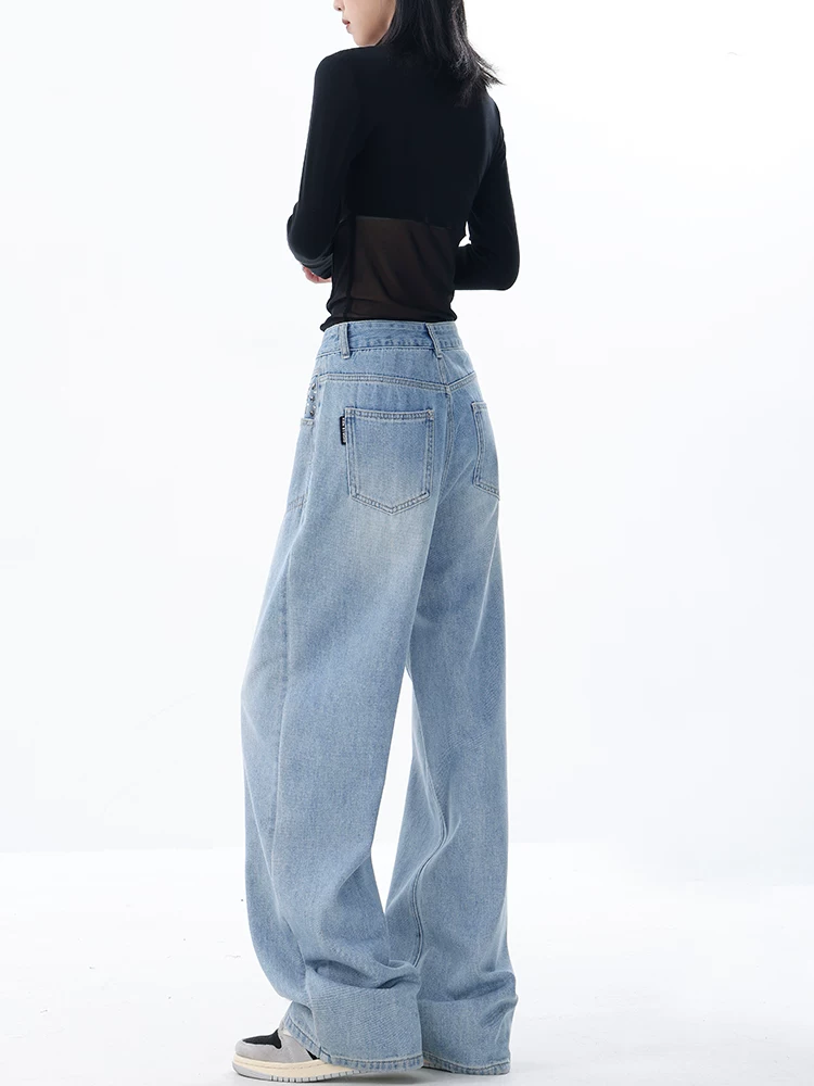 Quần jean màu xanh lam được thiết kế theo phong cách KEN STUDIO dành cho nữ, kiểu dáng mới mùa xuân thu, dáng rộng, quần ống rộng giúp thon gọn.