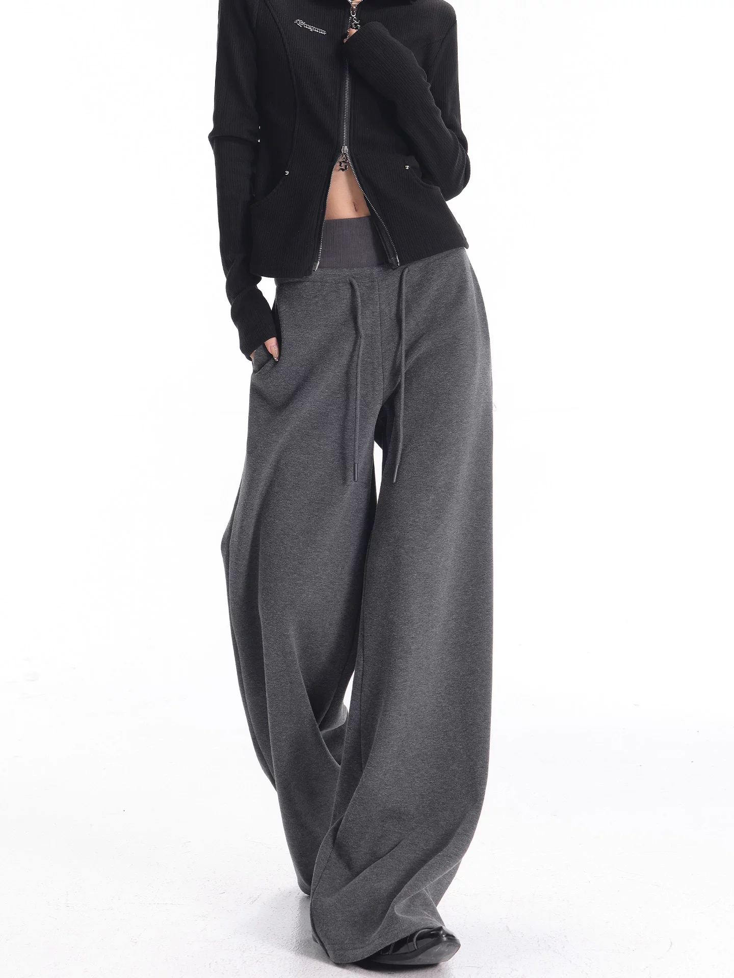 KEN STUDIO quần thể thao dày lót lông cừu màu xám thu đông mới dành cho nữ, quần cạp cao, dáng rộng, quần ống rộng kiểu gạo nếp