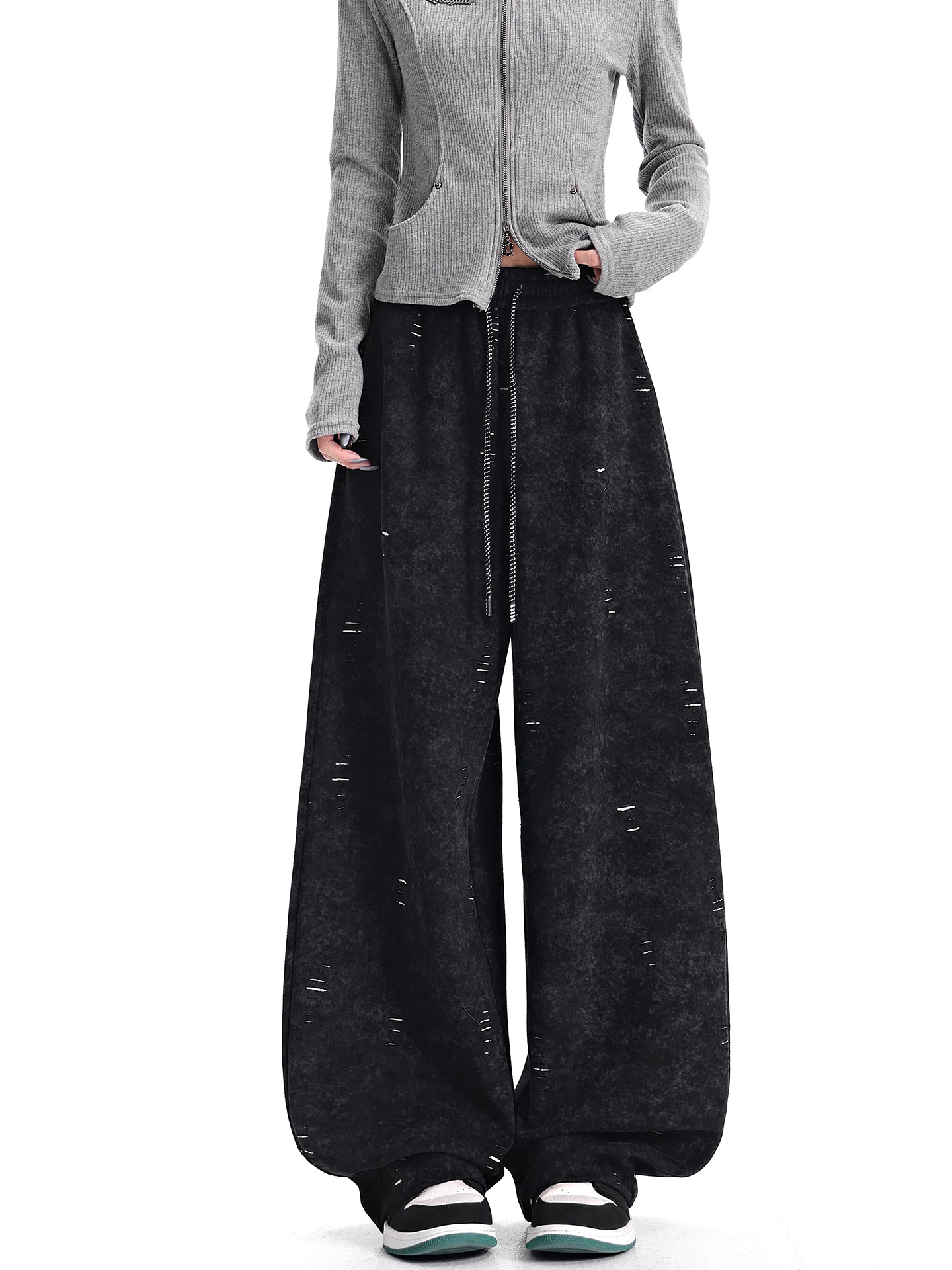 Quần thể thao có lót lông cừu mùa thu đông của KEN STUDIO kiểu Mỹ màu đen rách kiểu dao dành cho nữ, quần thể thao dáng rộng và mềm mại