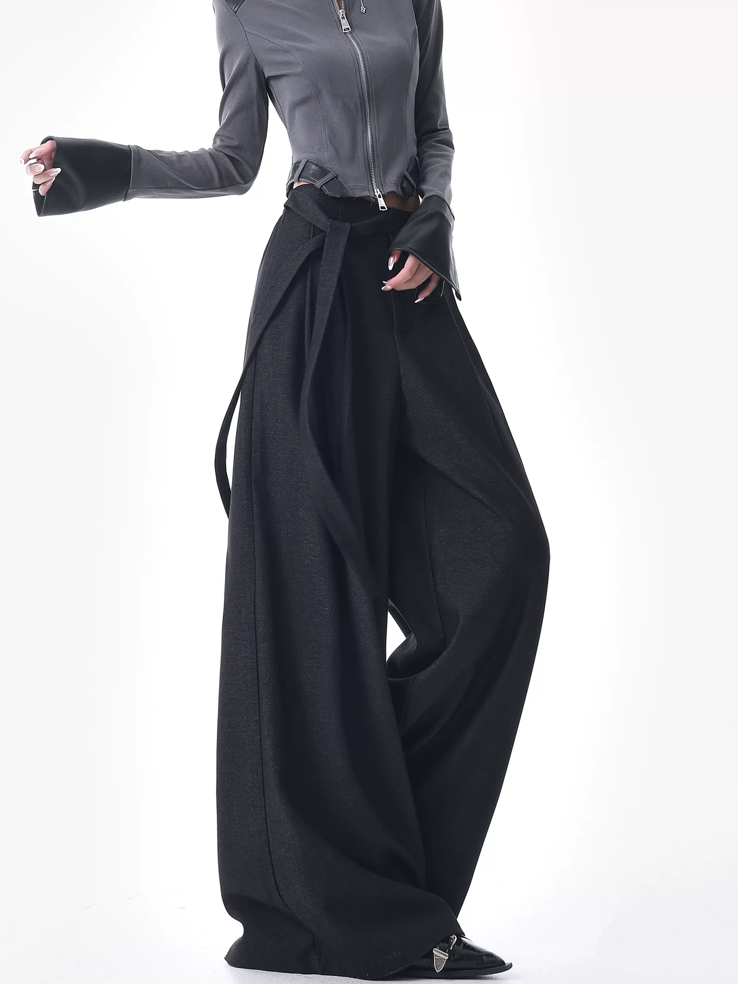 Quần âu ống rộng họa tiết hoa đen thu đông mới của KEN STUDIO dành cho nữ, thiết kế có dây buộc, quần ống rộng rộng rãi và tôn dáng