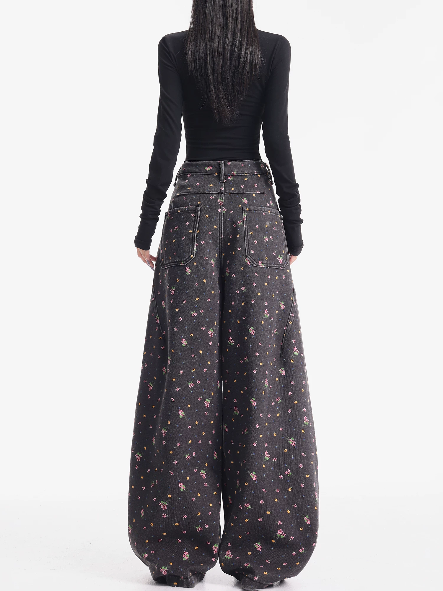 KEN STUDIO quần jean ống rộng họa tiết hoa cà phê đậm phong cách mới thu đông dành cho nữ, quần dài ống rộng dày dặn và lót lông cừu.