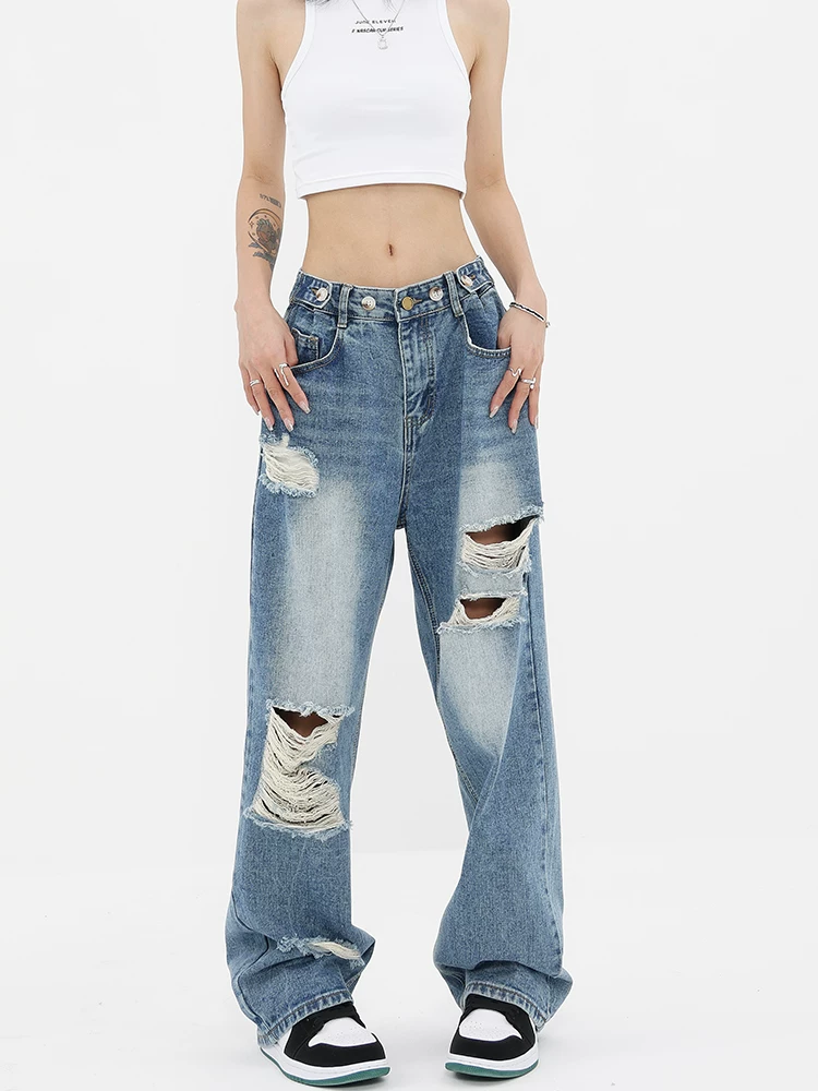 KEN STUDIO thiết kế theo phong cách mùa xuân hè quần jean rách màu gradient quần ống rộng dài đến sàn dành cho nữ