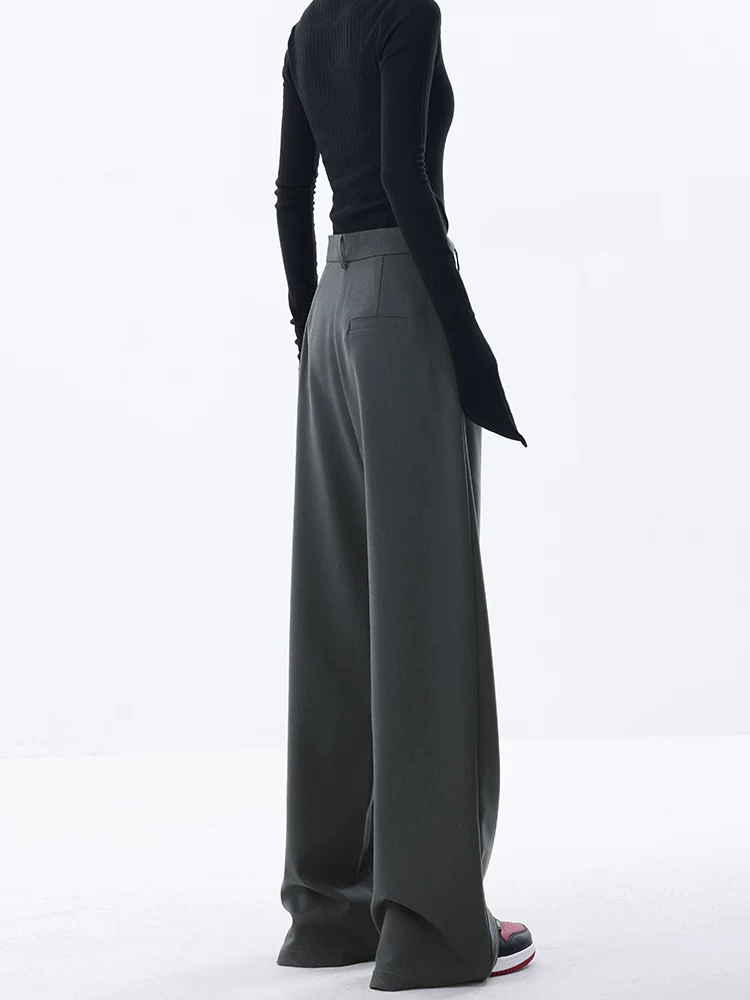 KEN STUDIO thiết kế độc đáo quần tây ống đứng màu xám đậm dành cho nữ, quần ống rộng dáng rộng, dáng rộng, dáng rộng