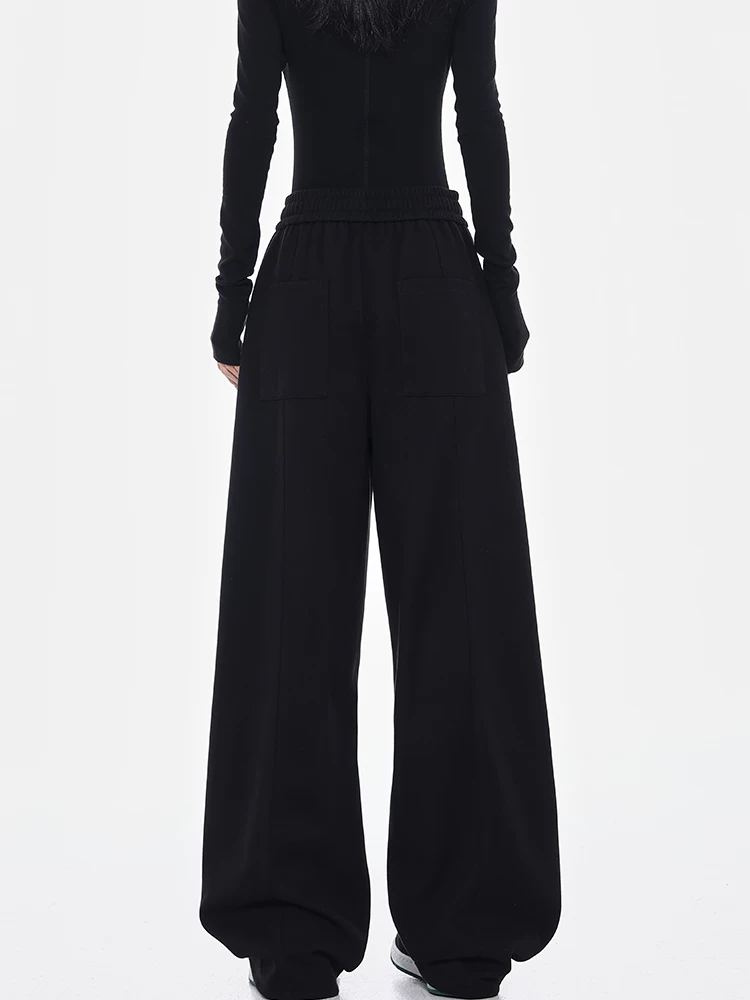 KEN STUDIO quần thể thao ống đứng màu đen dày dặn có dây rút ở eo co giãn dành cho nữ, quần thường ngày rộng rãi và mềm mại