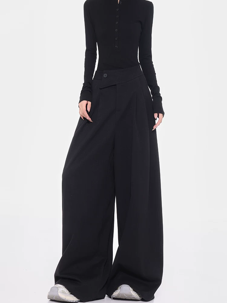 KEN STUDIO Quần tây ống rộng dày dặn lưng cao thu đông mới dành cho nữ với thiết kế khuy chéo quần ống đứng kiểu dáng đơn giản