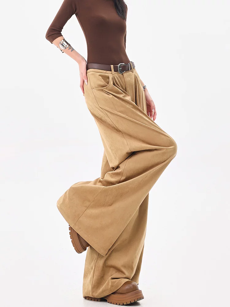 KEN STUDIO Quần tây ống rộng da lộn màu kaki mới thu đông dành cho nữ, quần cạp cao, dáng rộng, quần thường ngày giúp giảm béo