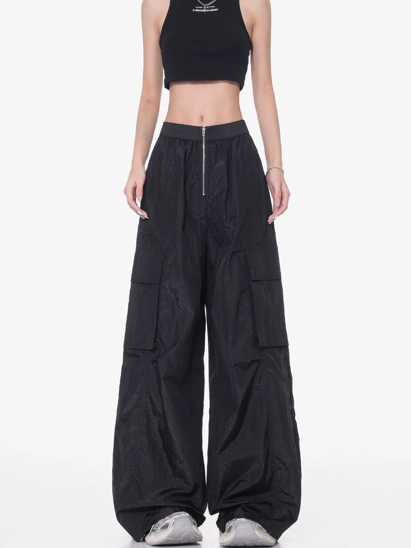 KEN STUDIO mùa hè mới quần cargo mỏng màu đen dành cho nữ có lưng thun, quần ống rộng, quần ống rộng lưng cao, quần thường ngày rộng rãi